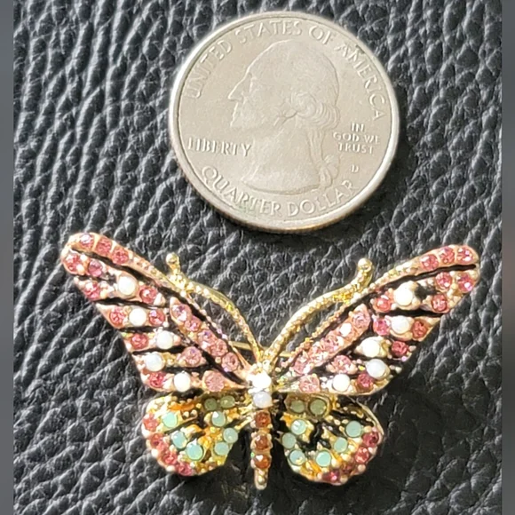 Gorgeous Butterfly Brooch with Pink, Green, & Amber Rhinestones - Picture 3 of 4